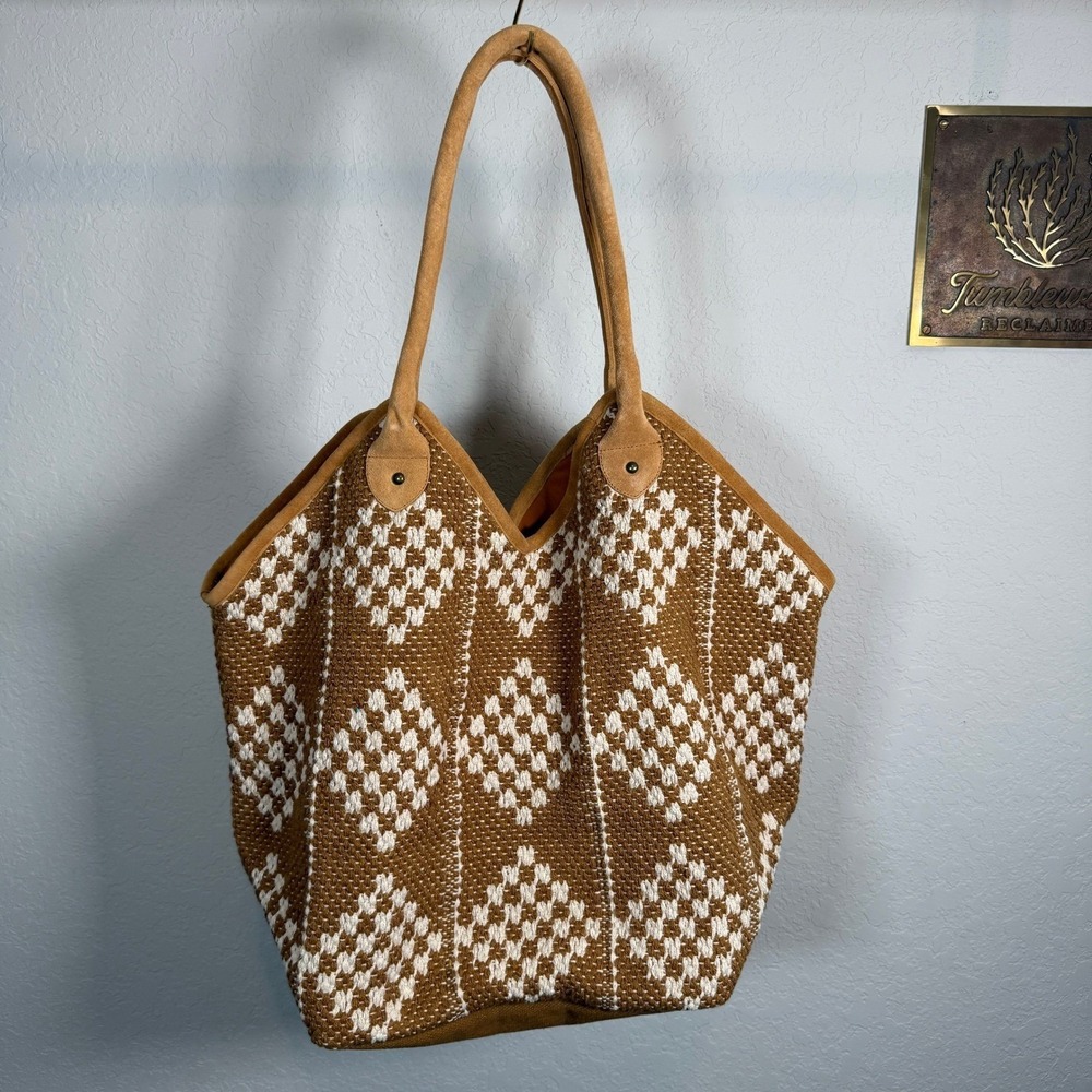 Panache Apparel Tan Woven Geometric Diamond Pattern Tote Shoulder Bag Boho - Picture 2 of 7